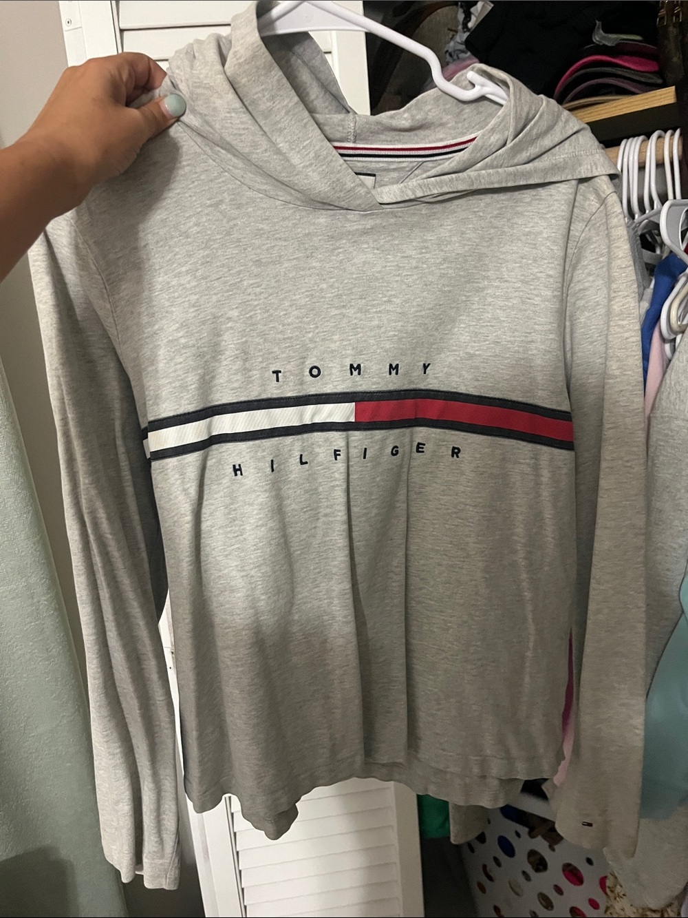 Tommy Hilfiger Gray Hoodie with Red and Navy Chest Stripe